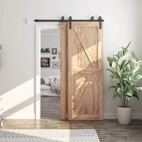 5.5 Feet Bypass Sliding Barn Door Hardware Kit for Double Wooden Doors with Single Track installed in cozy room