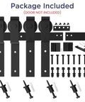 Components of 5 Feet Bypass Sliding Barn Door Hardware Kit for Double Wooden Doors with Single Track on display