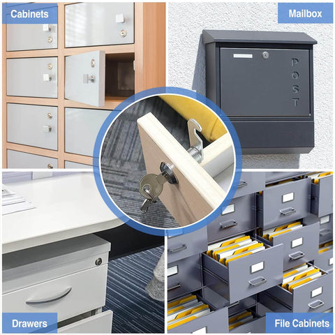 Collage of keyed alike cabinet cam locks installed on cabinets, mailbox, drawers, and file cabinets for security.