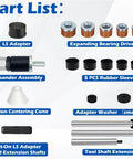 Illustration of Cam Bearing Install Tool & Engine Cam Bearing Remove Kit for Chevy LS Engine, showing parts list with adapters and shafts