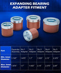 Expanding bearing adapters with size chart, part of the Cam Bearing Removal and Installation Tool Set | Complete Camshaft Bearing Tool Kit
