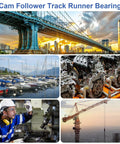 Collage featuring construction, machinery, worker, and bearing components captioned 'Cam Follower Track Runner Bearing'.