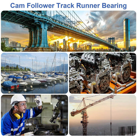 Collage featuring construction, machinery, worker, and bearing components captioned 'Cam Follower Track Runner Bearing'.