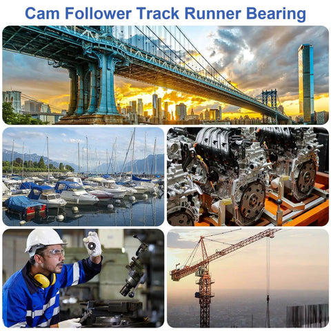 Image collage with bridge, boats, car engines, mechanic with cam follower, and crane, showcasing industrial applications of cam follower bearings.