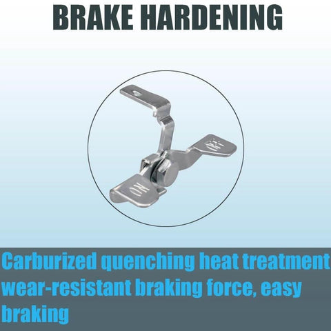 Brake hardening feature of 5 Inch Heavy Duty Anti Tangling Caster Wheels Set of 4 with Brakes, steel brake component close-up