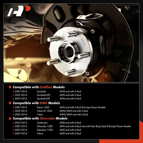 Image of 2 Pack Front Wheel Bearing Hub Assembly for 4WD Chevy Silverado Tahoe Suburban Avalanche GMC Sierra Yukon XL and Cadillac Escalade ESV EXT, 6 Lug with ABS Sensor, shown installed on vehicle.