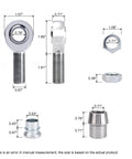 Diagram of 3/4 inch Heim joint rod end kit with chromoly panhard rod ends, tube adapters, misalignment spacers, and jam nuts.