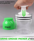 Premium Bearing Packer Kit, Portable Handy Wheel Bearing Packer Tool showing transparent cup and green container