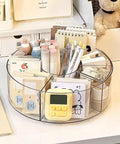 360 Degree Rotating Makeup Organizer Turntable for Vanity and Bathroom Counter, clear lazy susan with multiple dividers on desk
