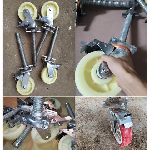 Heavy Duty 6 Inch Locking Swivel Caster Wheels for Scaffolding, Adjustable Stem Castors with Brakes, 500kg Load, Industrial Nylon