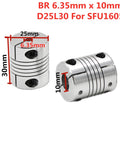 BR 6.35mm x 10mm D25L30 coupler for SFU1605 CNC ball screw assembly, silver metallic finish