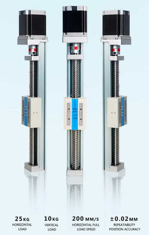 350mm CNC Linear Guide Module with Ball Screw, Nema 23 Stepper Motor, front view, 25kg load capacity, high-speed precision stage