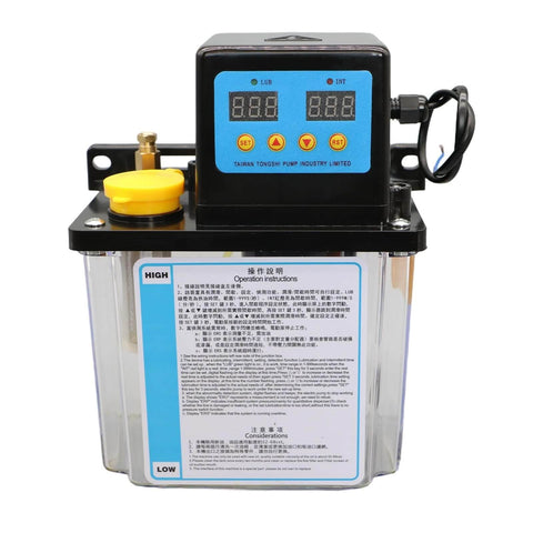 High Efficiency CNC Lubrication Pump System with 6mm fittings, 1L or 2L capacity, front view