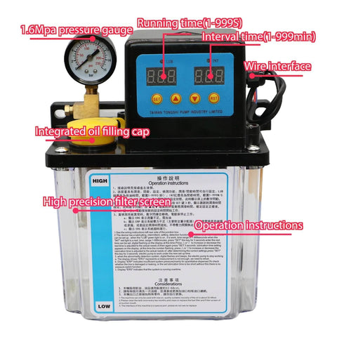 Front view of Automatic CNC Lubrication Pump System Kit with pressure gauge and control panel.