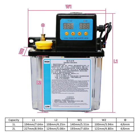 Automatic CNC Lubrication Pump System Kit For Lathe And CNC Machine Tools showing dimensions and dual voltage options, 1L capacity model.