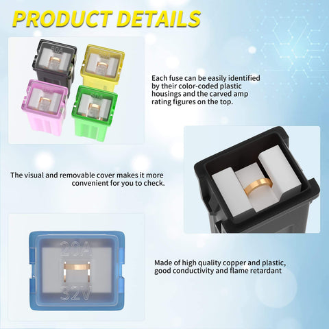 JCASE Fuse Box Kit With 36 Piece Tall Standard And Low Profile Automotive Fuses In 12 Colors, close-up of color-coded fuses