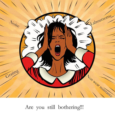 Illustration of a frustrated woman holding her head, surrounded by words like noise, laborious, and grating, depicting stress and annoyance.