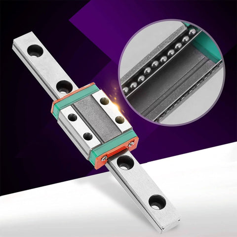 Close-up of Miniature Linear Slide Block Bearing Lightweight Steel 4 Point Design With Retainer And Lubrication System on a rail