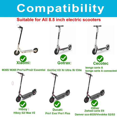 Compatibility chart for Solid Tires 8.5x2 Inches for Electric Scooter with various scooter brands including Xiaomi, Gotrax, and Cecotec.