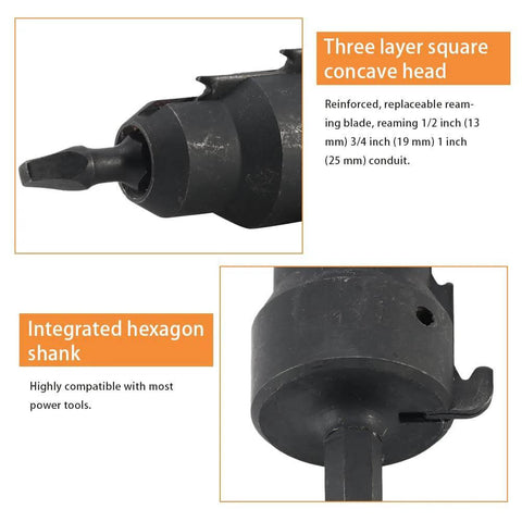 Conduit Reamer Tools Kit Deburring Set For Electrical Pipes With Hex Key Wrench Two Replacement Blades And One No 2 Square Recess Bit Fits One Half Inch Three Quarter Inch And One Inch Conduits Black showing square concave head and hexagon shank