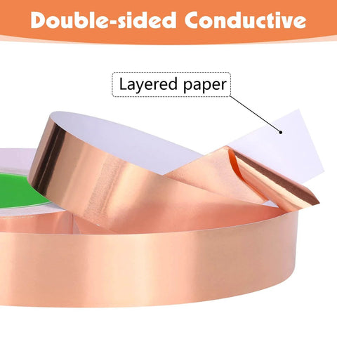 Copper Foil Tape, Conductive Double Sided Adhesive, 1 Inch Wide By 130 Feet Total, Two Rolls shown with layered paper backing.