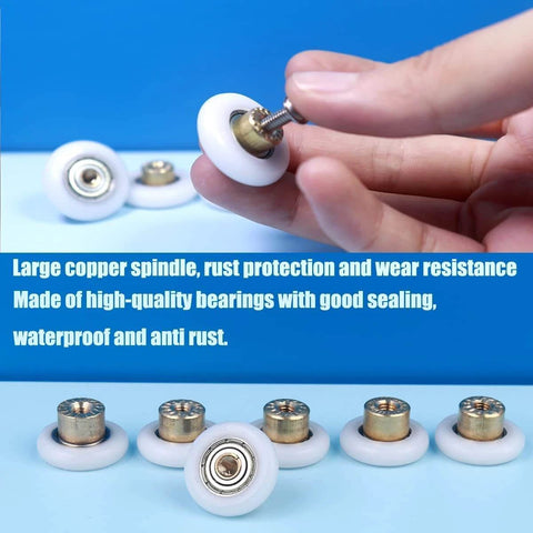 Set of 4 shower door wheels rollers with 19mm diameter and 5mm thickness, stainless steel screws in hand on blue background