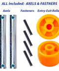 Crown PTH50 pallet jack front load wheels replacement kit showing axles, fasteners, and polyurethane entry-exit rollers