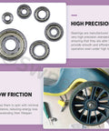 60pcs Ball Bearings Assortment Kit with 693ZZ 623ZZ 624ZZ 685ZZ 687ZZ 627ZZ showing various bearings and caster installation
