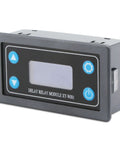 Digital Delay Relay Module For Go To Timing Control 6 To 30V DC 0.01 Seconds To 9999 Minutes 50mA High Or Low Trigger Button Control With LCD Display On Off Switch For Industrial DIY Projects showing a rectangular black module with LCD display and blue buttons.