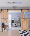 10 FT Double Door Sliding Barn Door Hardware Track Kit installed on wooden doors, highlighting 120 inch track length and dimensions.