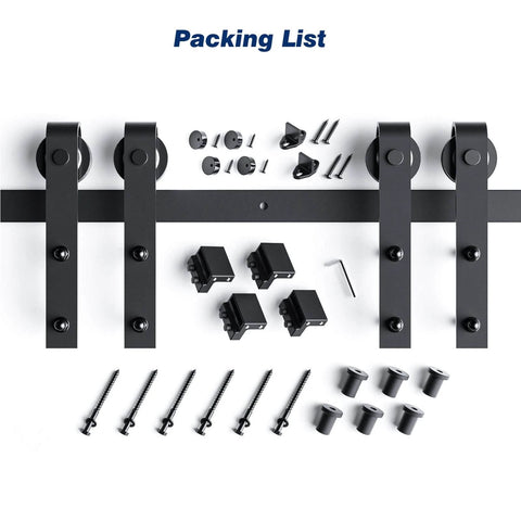 Packing list for 8 FT Double Door Sliding Barn Door Hardware Track Kit with basic J pulley and components in black finish