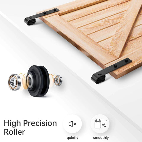8 FT Double Door Sliding Barn Door Hardware Track Kit showing high precision roller with ball bearings for quiet operation