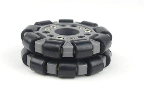 Double Plastic Omnidirectional Wheel, 4 Inch 100mm, 14049, Universal Wheel in gray and black, front view