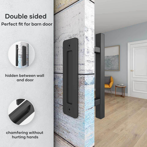 12 inch sliding barn door handles and pulls double sided hardware set, heavy duty solid steel square design, installed view