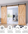 10 FT Double Door Sliding Barn Door Hardware Track Kit with basic J pulley in living room, smooth black steel rails, installed view