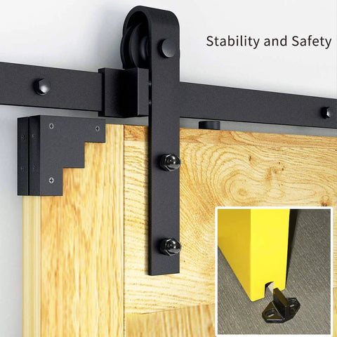 12 FT Double Sliding Barn Door Hardware Track Kit for Wood Slab Doors, J Shape Hanger Design close-up.