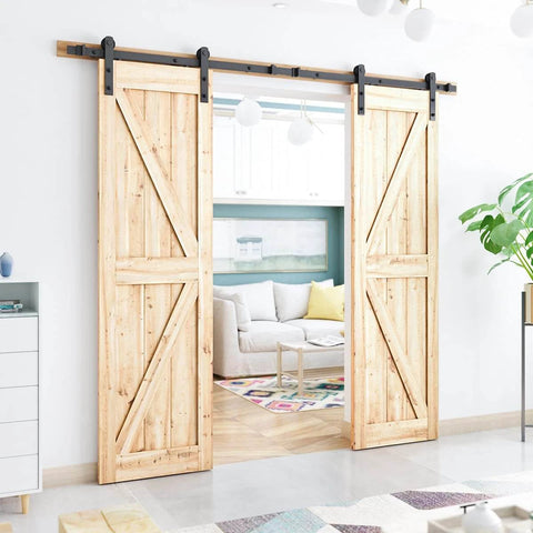 9FT Double Sliding Barn Door Hardware Kit for Two 27 Inch Door Panels with Carbon Steel Track and Nylon Rollers in living room