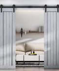 8 FT Double Door Sliding Barn Door Hardware Track Kit with basic J pulley, shown installed in a living room entrance