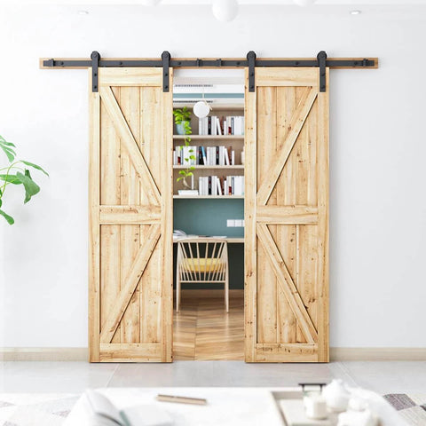 9FT Double Sliding Barn Door Hardware Kit for Two 27 Inch Door Panels, interior wood doors installed in living room