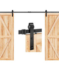 14 FT Double Door Sliding Barn Door Hardware Track Kit with basic J pulley, shown with two wooden doors and detailed pulley close-up.