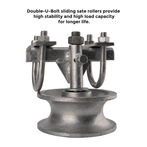 5" Pipe Track Wheel Galvanized with Double U-Bolt for 1 7/8" or 1 5/8" Chain Link Fence Gate Frame, showing stability and durability.