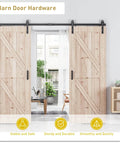 8 FT Double Sliding Barn Door Hardware Track Kit for Wood Slab Doors with J Shape Hanger mounted, view in home interior