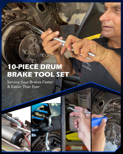 Mechanic using 10pc Drum Brake Tool Kit including Drum Brake Spring Tool and Brake Spring Pliers for brake repair.
