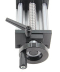 Close-up of 200mm Effective Travel Dual Optical Axis Manual Sliding Table with SFU1605 Ball Screw and Handwheel, focusing on components