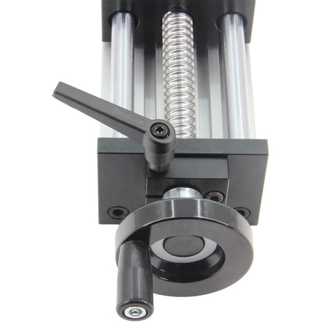 Close-up of 200mm Effective Travel Dual Optical Axis Manual Sliding Table with SFU1605 Ball Screw and Handwheel, focusing on components