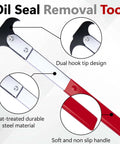 Seal Puller Tool with dual hook, heat-treated steel, and soft handle for oil seal removal. Universal Wheel Seal Twister Puller.