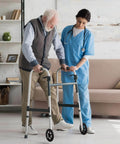 Elderly man using walker with 2Pcs 8 Inch Walker Wheels Replacement, assisted by nurse, indoors