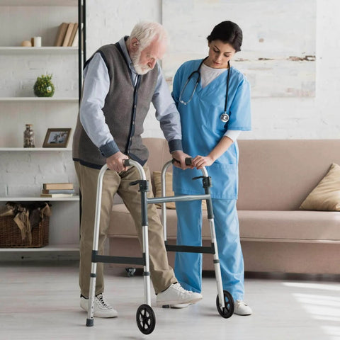 Elderly man using walker with 2Pcs 8 Inch Walker Wheels Replacement, assisted by nurse, indoors
