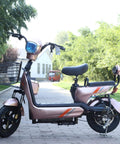 Electric bike with 14X2.125 Tubeless Tire, angled valve for 14 Inch folding e-bike and e-scooters, parked on a pathway.
