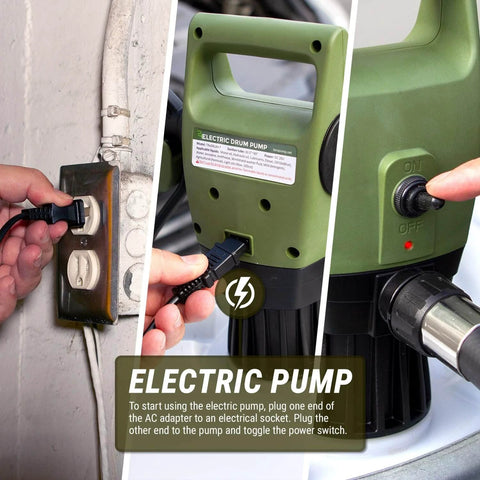 Person connecting TERA PUMP Electric Transfer Drum Pump for 55 Gallon Drums up to 275 Gallon IBC Totes to power outlet